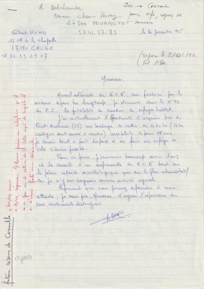 Courrier M. Homo 30 décembre 1994 adressé à J. Collette, responsable du réseau des refuges du GONm