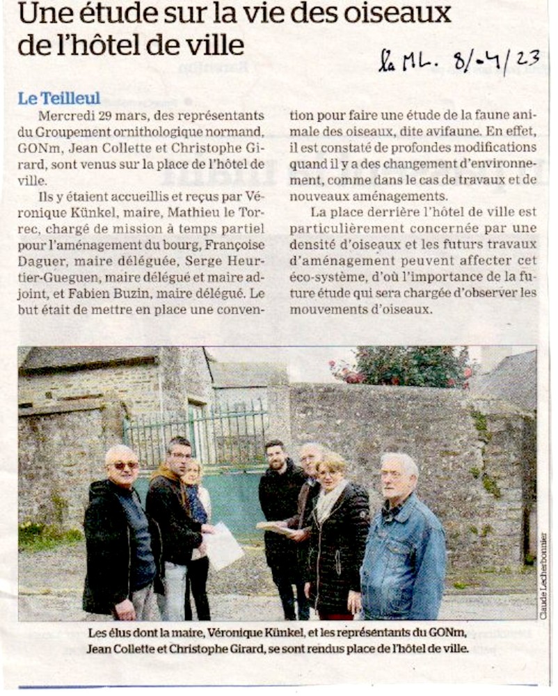 20230408-LE TEILLEUL- étude avifaune mairie-La ML - copie.jpg (680.49 Kio) Vu 2690 fois La presse locale est un bon moyen d'avertir la population de la démarche en cours ce qui limite un peu la curiosité (inquiète parfois) des personnes croisées en chemin (même sans jumelles au cou!)
