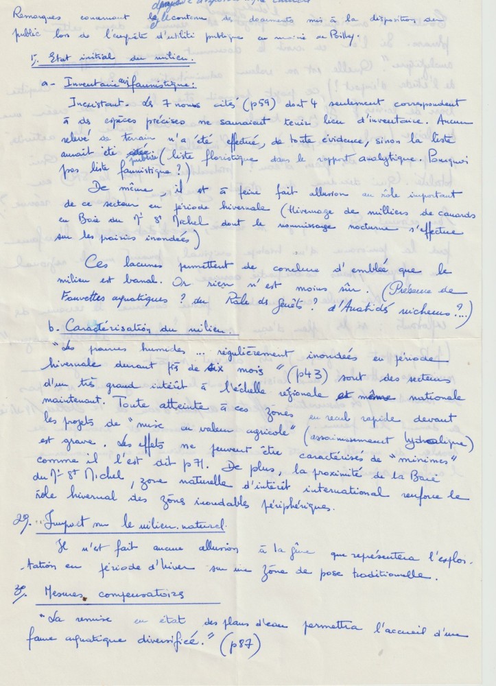 copie partielle du brouillon de l'argumentation du GONm en opposition au projet (J Collette); date exacte inconnue