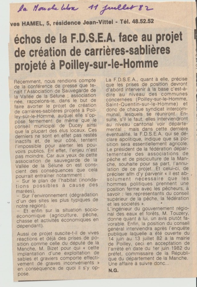 19820711-Poilley-sablière-syndicat agricole-La ML.jpeg (349.57 Kio) Vu 13733 fois 11 juillet 1982, réaction d'un syndicat agricole