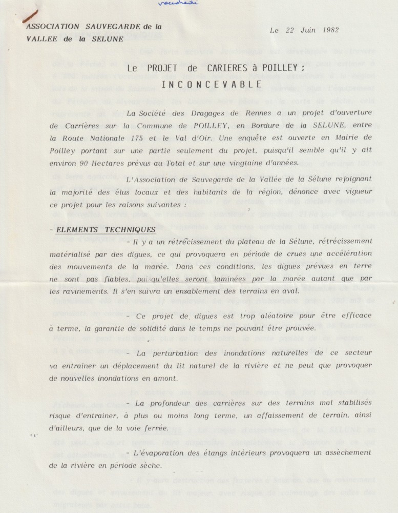 22 juin 1982, tract de l'association d'opposants, page 1