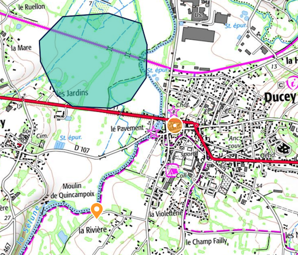 Localisation du projet (polygone) et du témoignage concernant le râle des genêts.