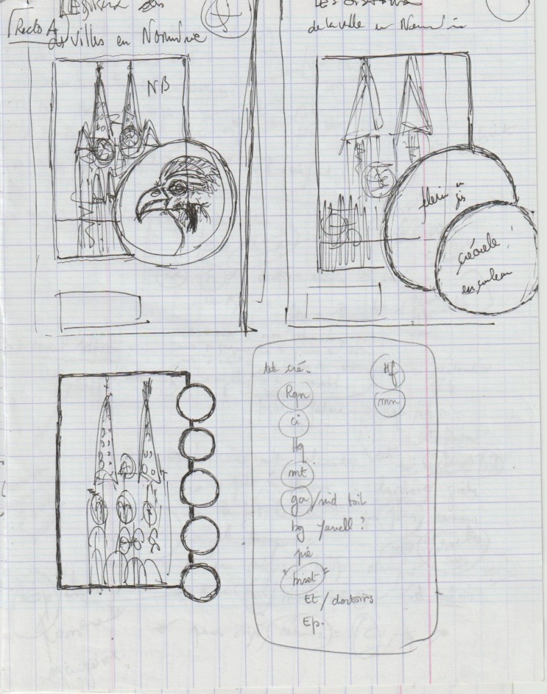 Projets de page titre de la plaquette, finalement remplacés par deux vues symétriques de falaise et de façades urbaines hautes (Granville) pour rapprocher deux habitats naturels et artificiels.