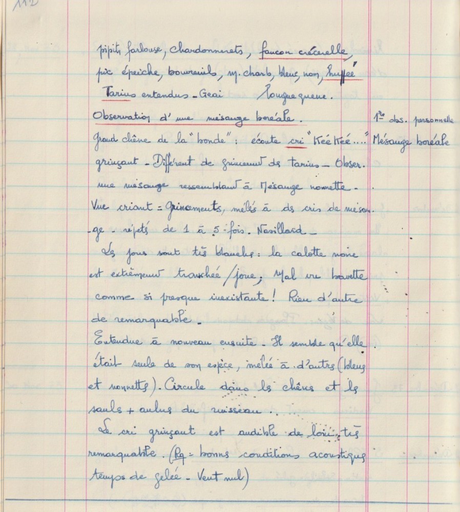 Copie de la page rapportant l'observation de la mésange boréale sur la Lande de Moutons à Saint-Clément/50